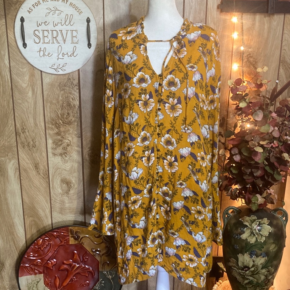 Xhilaration Yellow and Purple Floral Dress bell sleeves